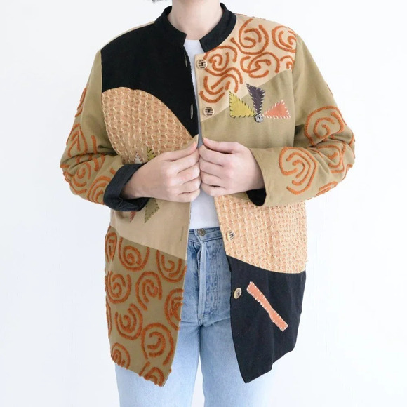 Vintage 90's Allure Tan & Black 100% Cotton Patchwork Brocade Button Up Jacket M - Picture 2 of 14